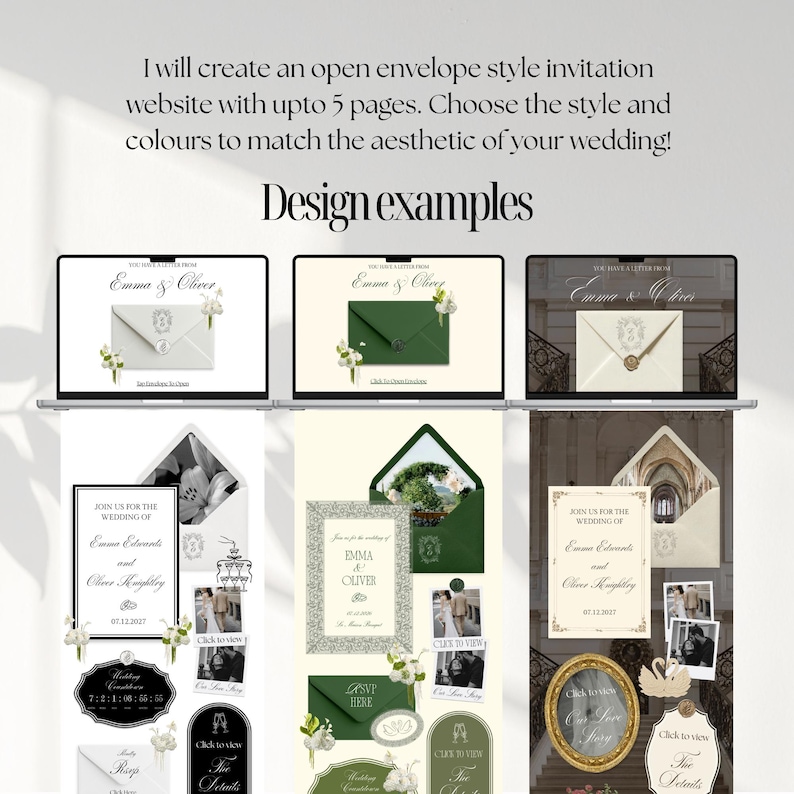 May include: Digital wedding invitation design examples on laptops. The design examples include open envelope style invitations with floral accents and the names "Emma & Oliver". The text reads "Design examples".