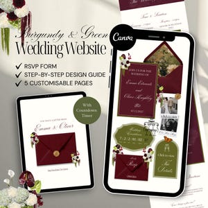 Puede incluir: Diseño de sitio web de boda digital en borgoña y verde. Incluye formulario RSVP, guía de diseño paso a paso y 5 páginas personalizables. El sitio web se muestra en una tableta y un teléfono inteligente.