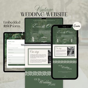 Sitio web de invitaciones de boda de inspiración vintage en Canva / Invitación digital RSVP de elegante diseño verde / Personalizable