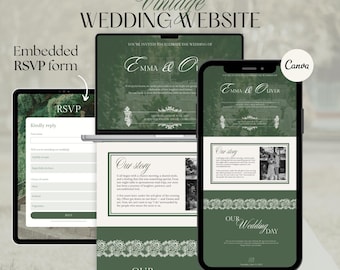 Sitio web de invitaciones de boda de inspiración vintage en Canva / Invitación digital RSVP de elegante diseño verde / Personalizable