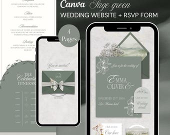 Plantilla de Canva para sitio web de invitaciones de boda con diseño elegante de flores y lazo con sobre abierto, con formulario RSVP de Google.