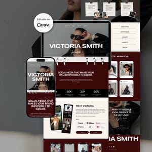 May include: A digital website template for a portfolio featuring a dark red and white color scheme. The layout includes sections for Victoria Smith, social media branding, and professional skills. It is displayed on desktop and mobile screens.