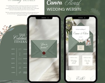 Sitio web de invitaciones de boda florales en Canva / Diseño de invitación digital móvil con elegantes flores verde salvia / Formulario RSVP integrado / Personalizable
