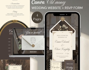 Plantilla de Canva para sitio web de invitaciones de boda con dinero antiguo / Diseño elegante de invitación digital móvil vintage con sobre abierto y formulario RSVP