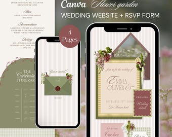 Plantilla Canva para sitio web de invitaciones de boda / Diseño elegante de invitación digital móvil con sobre abierto y formulario RSVP para jardín de flores