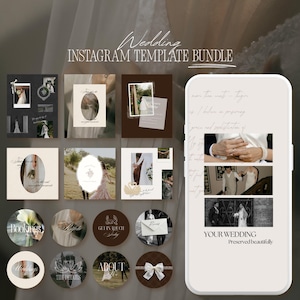 Puede incluir: Un paquete de plantillas de Instagram para bodas con varios elementos de diseño. El diseño incluye plantillas cuadradas y circulares con fotos, texto y gráficos. El texto incluye "Wedding", "Instagram Template Bundle", "Bookings", "Get in Touch", "Weddings", "The Details", "About" y "Your Wedding Preserved beautifully."