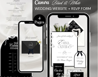 Plantilla de Canva para sitio web de invitación de boda en blanco y negro / Invitación digital móvil con flores elegantes y sobre abierto con formulario RSVP
