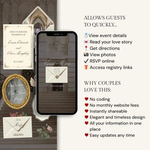 May include: A smartphone displays a wedding invitation design with the names Emma Edwards and Oliver Knightley, and the date 07.12.2027. The image includes RSVP and registry links, and a gold framed invitation.
