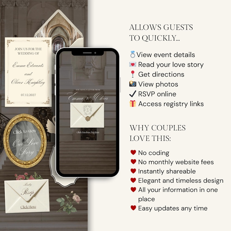 May include: A smartphone displays a wedding invitation design with the names Emma Edwards and Oliver Knightley, and the date 07.12.2027. The image includes RSVP and registry links, and a gold framed invitation.