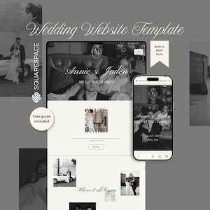 May include: A wedding website template displayed on a laptop and smartphone screen. The design features black and white photography, elegant serif typography, and the text Annie & Jaden are getting married. Includes a built-in RSVP form and guide.