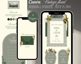 Plantilla de Canva para sitio web de invitaciones de boda / Diseño elegante de invitación digital móvil con sobre abierto y diseño floral verde, con formulario de confirmación de asistencia.
