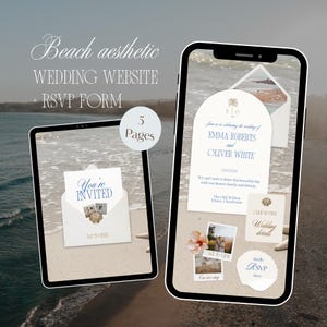 Może przedstawiać: Cyfrowy projekt strony internetowej ślubnej wyświetlany na tablecie i smartfonie. Projekt przedstawia motyw plażowy z piaskiem, muszlami i zaproszeniem ślubnym. Tekst zawiera "Beach aesthetic WEDDING WEBSITE + RSVP FORM".
