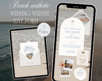 Plantilla Canva para sitio web de invitación de boda con estética playera / Diseño elegante de invitación digital móvil con sobre abierto y formulario RSVP