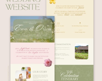 Sitio web de invitaciones de boda florales en Canva / Diseño floral femenino, suave y colorido / Personalizable