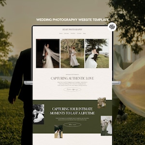Può includere: Un modello di sito web per la fotografia di matrimonio visualizzato su uno schermo, con il testo HEART PHOTOGRAPHY, CAPTURING AUTHENTIC LOVE e CAPTURING YOUR INTIMATE MOMENTS TO LAST A LIFETIME, insieme a diverse fotografie di coppie in abiti da sposa.