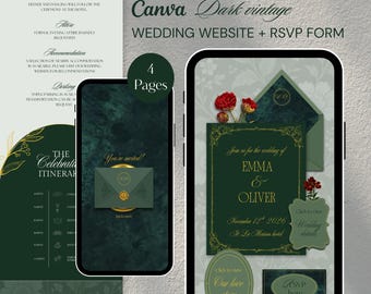 Plantilla de Canva para sitio web de invitaciones de boda vintage / Diseño de invitación digital móvil con flores elegantes y sobre abierto con formulario RSVP de Google