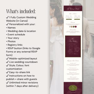 May include: A wedding website design with a burgundy and cream color scheme. The design includes a list of features, such as a mobile-optimized layout, event schedule, and RSVP button. A bride and groom are in the background.