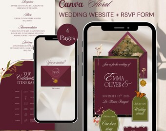 Plantilla de Canva para sitio web de invitación de boda con flores burdeos / Diseño de invitación digital móvil con sobre abierto y formulario RSVP