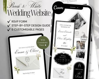Op de afbeelding: Een zwart-wit ontwerp voor een trouwwebsite weergegeven op een tablet en smartphone. Het ontwerp bevat een RSVP-formulier, een stapsgewijze ontwerpgids en 5 aanpasbare pagina's. Het Canva-logo is zichtbaar. De website heeft een countdown timer en de namen Emma & Oliver.