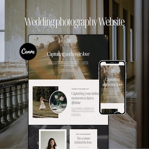 Puede incluir: Diseño de sitio web para fotografía de bodas, mostrado en una tableta y un teléfono inteligente. El diseño presenta el texto "Wedding photography Website" y "Capturing authentic love". El logotipo de Canva es visible. El sitio web muestra imágenes de bodas.