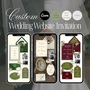 May include: Custom wedding website invitation design displayed on three smartphones. The design includes text, photos, and decorative elements. The invitation features the names "Emma" and "Oliver" and includes RSVP and countdown features.