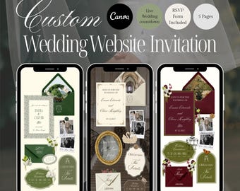 May include: Custom wedding website invitation design displayed on three smartphones. The design includes text, photos, and decorative elements. The invitation features the names "Emma" and "Oliver" and includes RSVP and countdown features.
