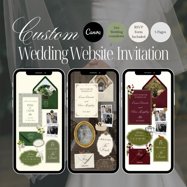 May include: Custom wedding website invitation design displayed on three smartphones. The design includes text, photos, and decorative elements. The invitation features the names "Emma" and "Oliver" and includes RSVP and countdown features.