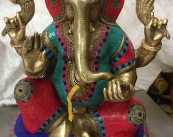 Estatua de Ganesha de latón, ídolo del Señor Ganesh para la decoración del templo del hogar, murti del dios hindú, regalo espiritual, escultura de latón de 56 cm de altura.