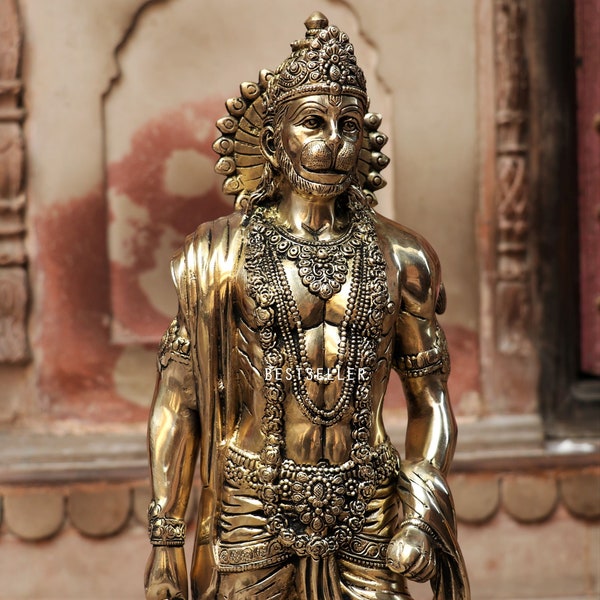 BESTSELLERINDIA Brass Hanuman standing on the base brass vintage finished 23 inches