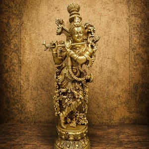 Estatua de Krishna de latón, ídolo del Señor tocando la flauta, decoración para templos hindúes, murti espiritual (35,5 cm)