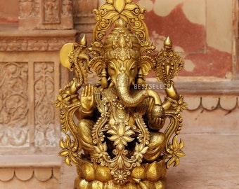 24" Large Brass Ganesha Statue, Lord Ganesh Idol for Home Temple Decor, Hindu God Murti, Spiritual Gift, Brass Sculpture