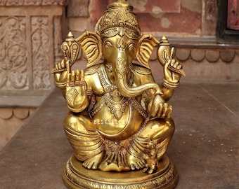 14" Large Brass Ganesha Statue, Lord Ganesh Idol for Home Temple Decor, Hindu God Murti, Spiritual Gift, Brass Sculpture
