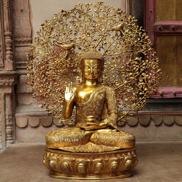 BESTSELLERINDIA brass buddha statue sitting on base with kalpvriksh vintage brass finish
