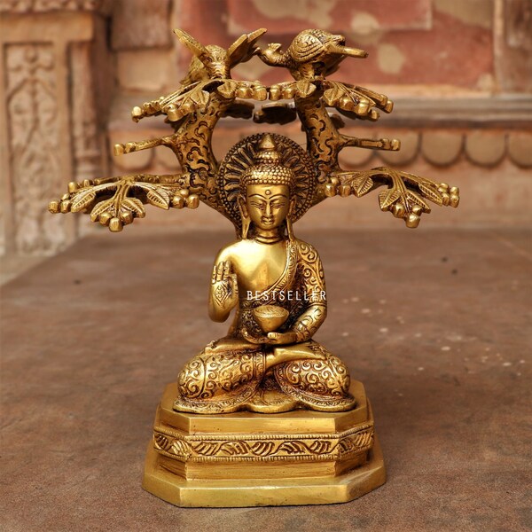 BESTSELLERINDIA brass buddha statue sitting on base with tree gold color finish