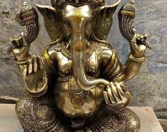 Brass Ganesha Statue, Lord Ganesh Idol for Home Temple Decor, Hindu God Murti, Spiritual Gift, Brass Sculpture 19 inches