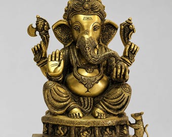 14" Large Brass Ganesha Statue, Lord Ganesh Idol for Home Temple Decor, Hindu God Murti, Spiritual Gift, Brass Sculpture