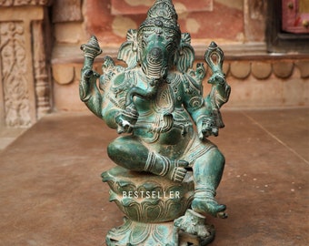 Brass Ganesha Statue, 12 Inch Lord Ganesh Idol, Home Temple Decor (6.5 KG)
