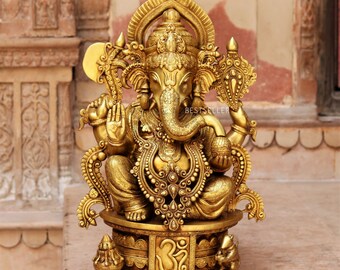 25 Zoll große Ganesha-Statue aus Messing, Ganesha-Figur, gelbe Oberfläche, Dekoration für den Heimtempel