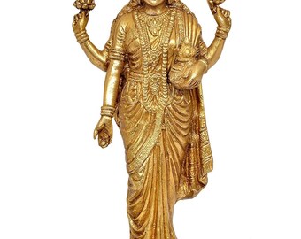 Brass Goddess Lakshmi Statue, Maa Laxmi Murti for Home Temple, Hindu Goddess of Wealth Idol, Diwali Gift 10 inches height