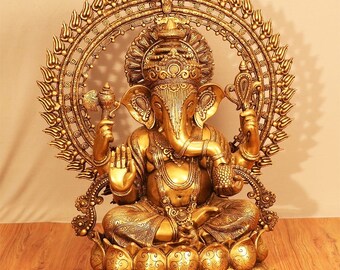 Brass Ganesha Statue, Lord Ganesh Idol for Home Temple Decor, Hindu God Murti, Spiritual Gift, Brass Sculpture 26 inch height