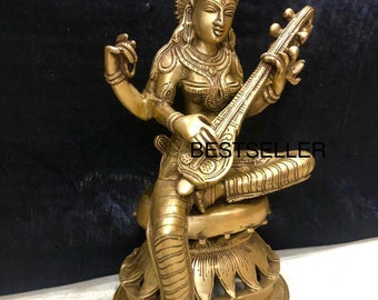 Brass Saraswati Veena Statue, Hindu Goddess of Wisdom Idol, Temple Decor 31cm