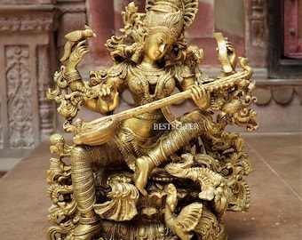 Brass Saraswati Veena Statue, Hindu Goddess Idol, Temple Decor, 16 Inch Tall