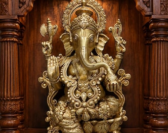 Estatua de Ganesha de latón, ídolo del Señor Ganesh para la decoración del templo del hogar, murti del dios hindú de 33 cm (13 pulgadas)