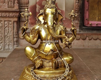 Brass Ganesha Statue, Lord Ganesh Idol for Home Temple Decor, Hindu God Murti, Spiritual Gift, Brass Sculpture