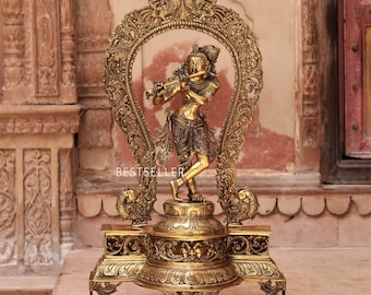 Estatua de Krishna de latón, ídolo del Señor Krishna tocando la flauta, decoración de templo hindú, Murti