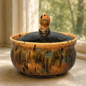 May include: A round ceramic lidded bowl featuring a glossy glaze with a blend of warm orange, deep black, and subtle blue-green streaks. The lid has a central knob handle, and the bowl has a curved body with a smooth, reflective finish.