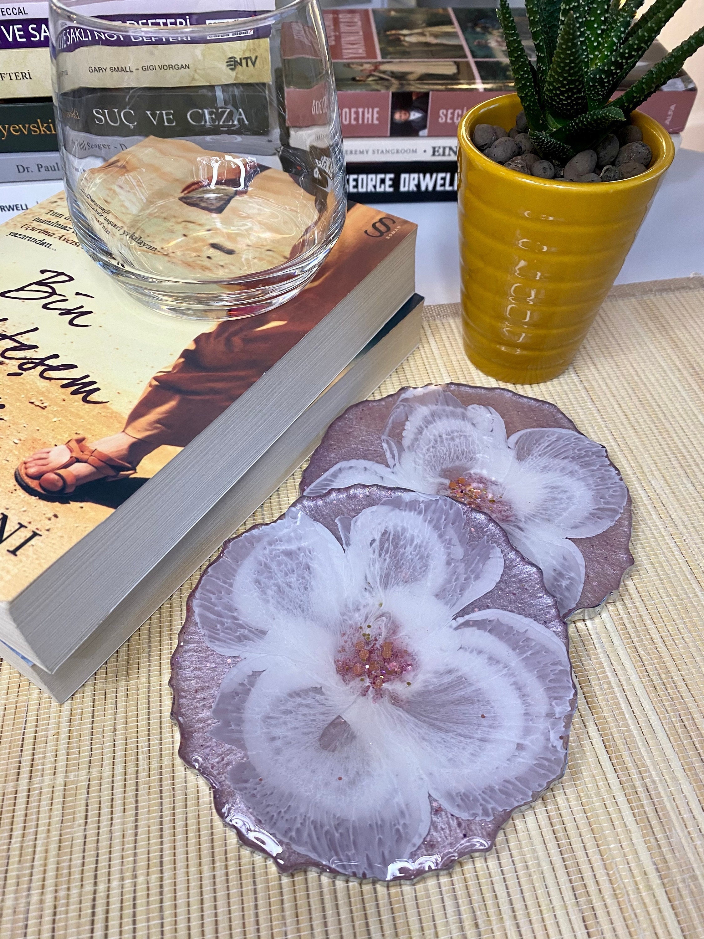 Purple White Flower Epoxy Resin Coasters - Flower Epoxy Resin Coasters - Christmas Gift