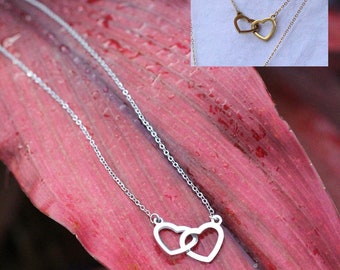 Two Hearts Interlocked Hearts Pendant Necklace - Stainless Steel in Gold & Silver | 16 Inch Chain