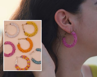 Beaded Hoop Earrings | Medium Size Hoops | Multiple Color Options