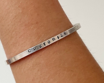 Custom Hand Stamped Adjustable Thin Cuff Bracelet | Silver